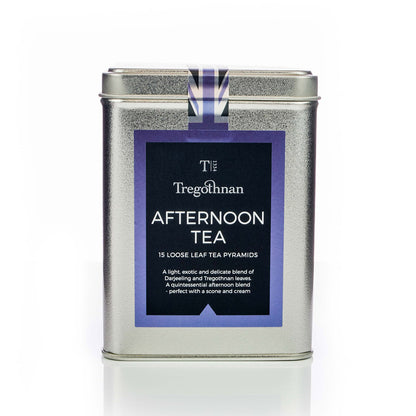 Tregothnan Afternoon Tea tin featuring loose leaf tea pyramids, set against a white background.